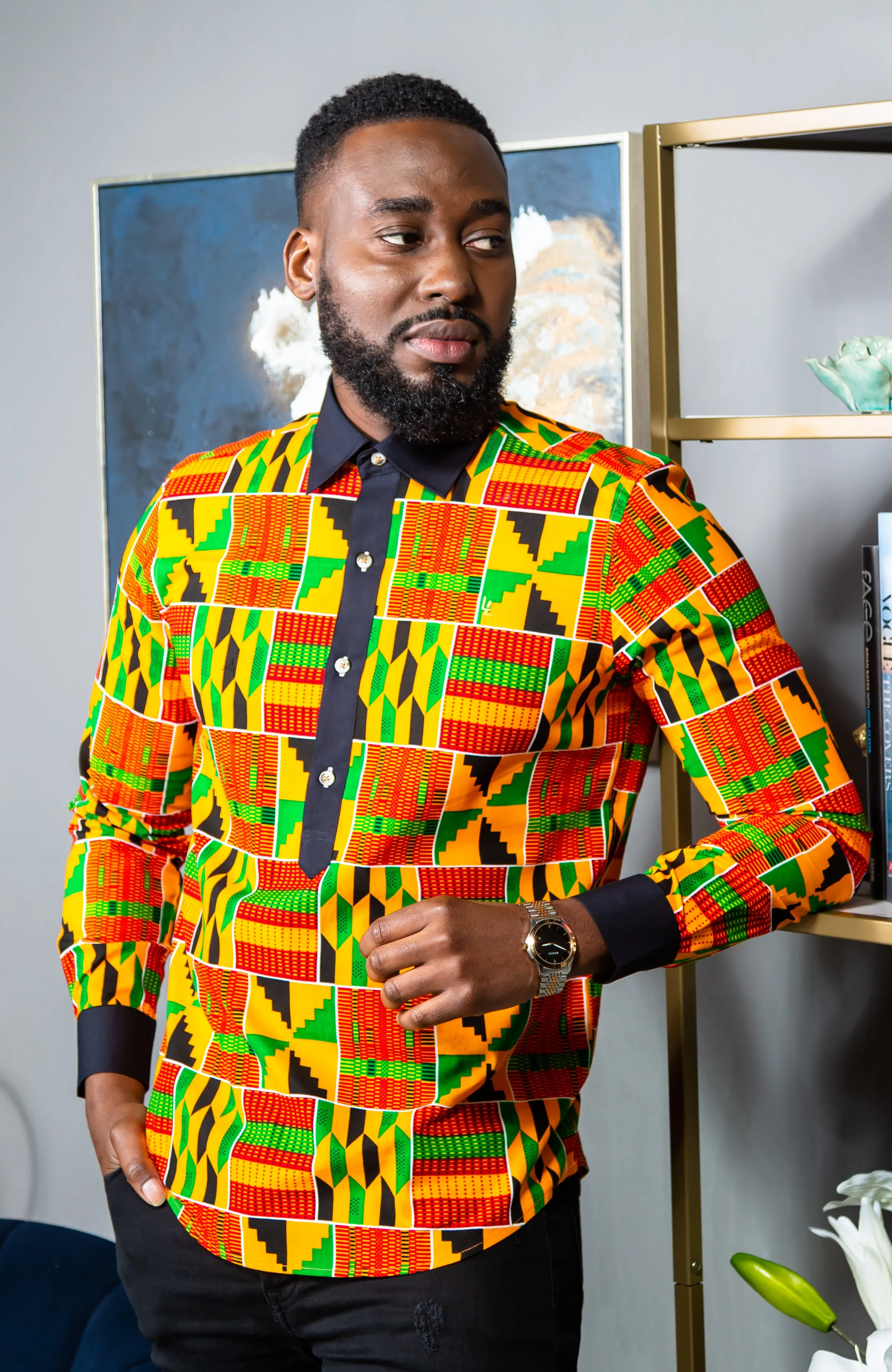African Mens Shirts | Mens Ankara Shirt - Mens Long-sleeve Polo - KENDRICK