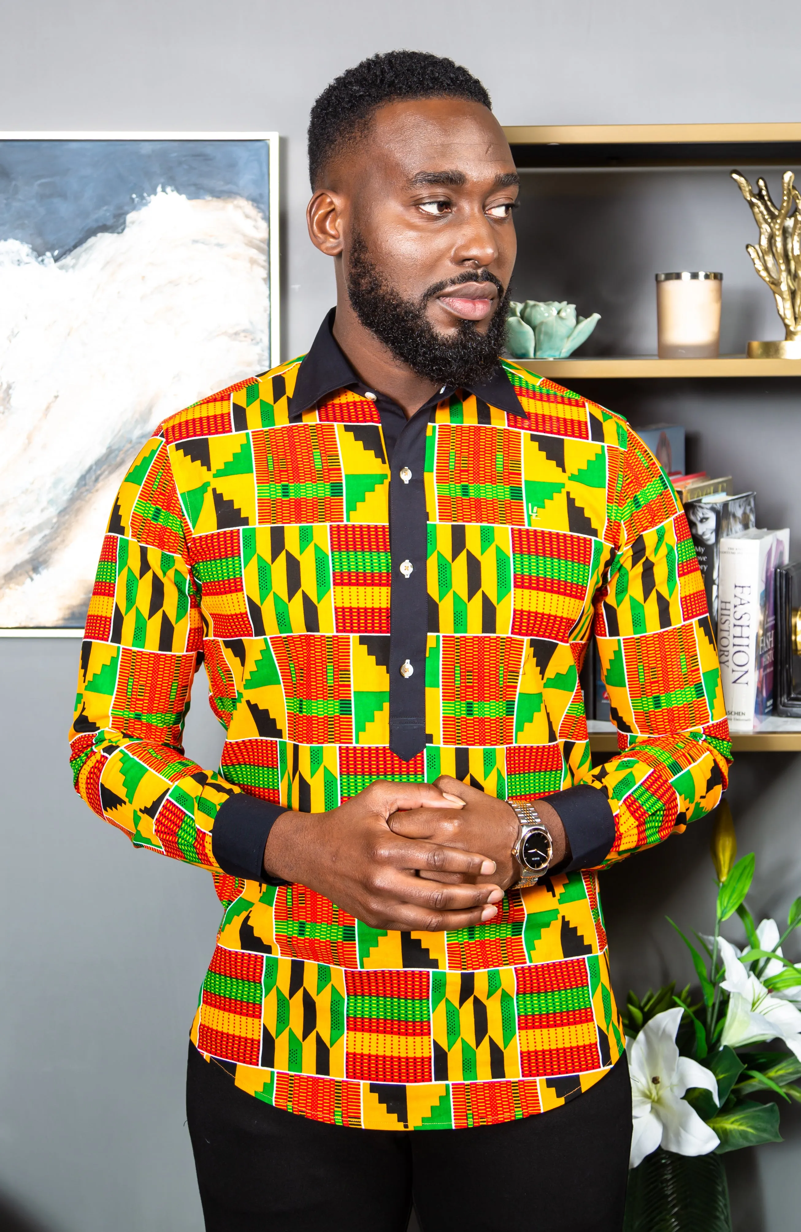 African Mens Shirts | Mens Ankara Shirt - Mens Long-sleeve Polo - KENDRICK