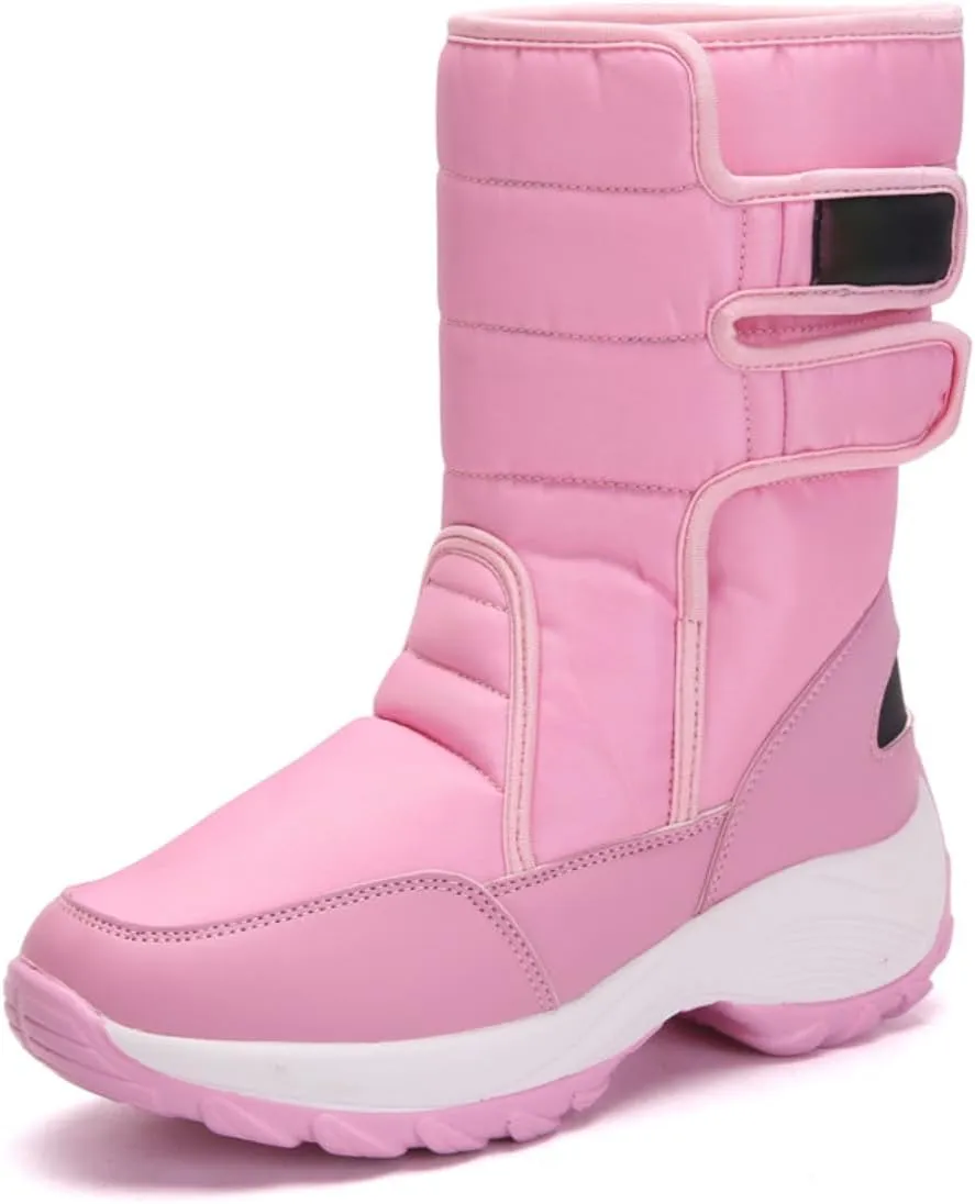 Cubicbee Women’s Comfortable Fur Lined Warm Waterproof Mid Calf Booties Non-Slip Hook Loop Slip On Outdoor Winter Shoes Fashionable Fleece Warm Snow Boots