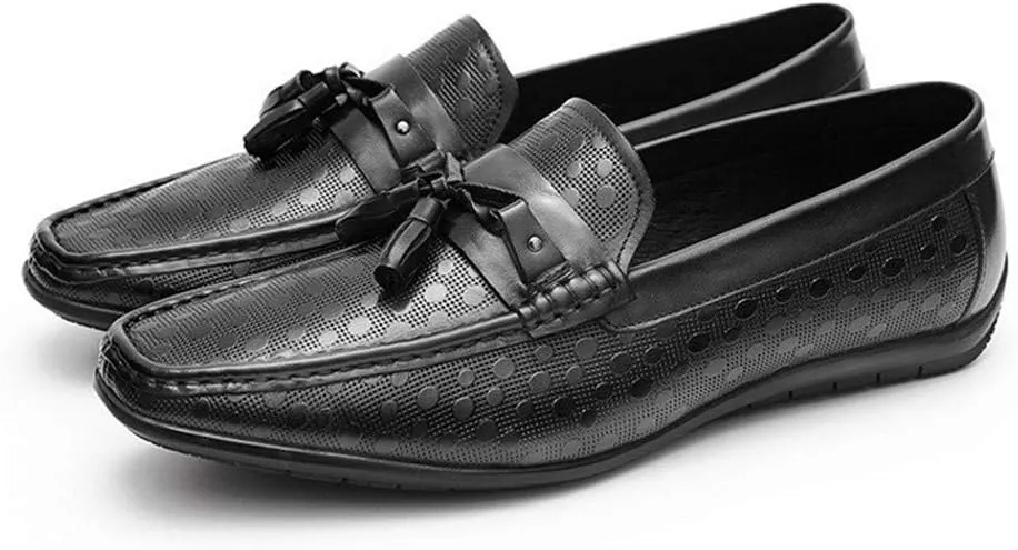 Driving Loafers for Men Boat Shoes Slip OnGenuine Leather Emboss Pattern Soft Flats Shallow Tassels Breathable Lined Lug Sole