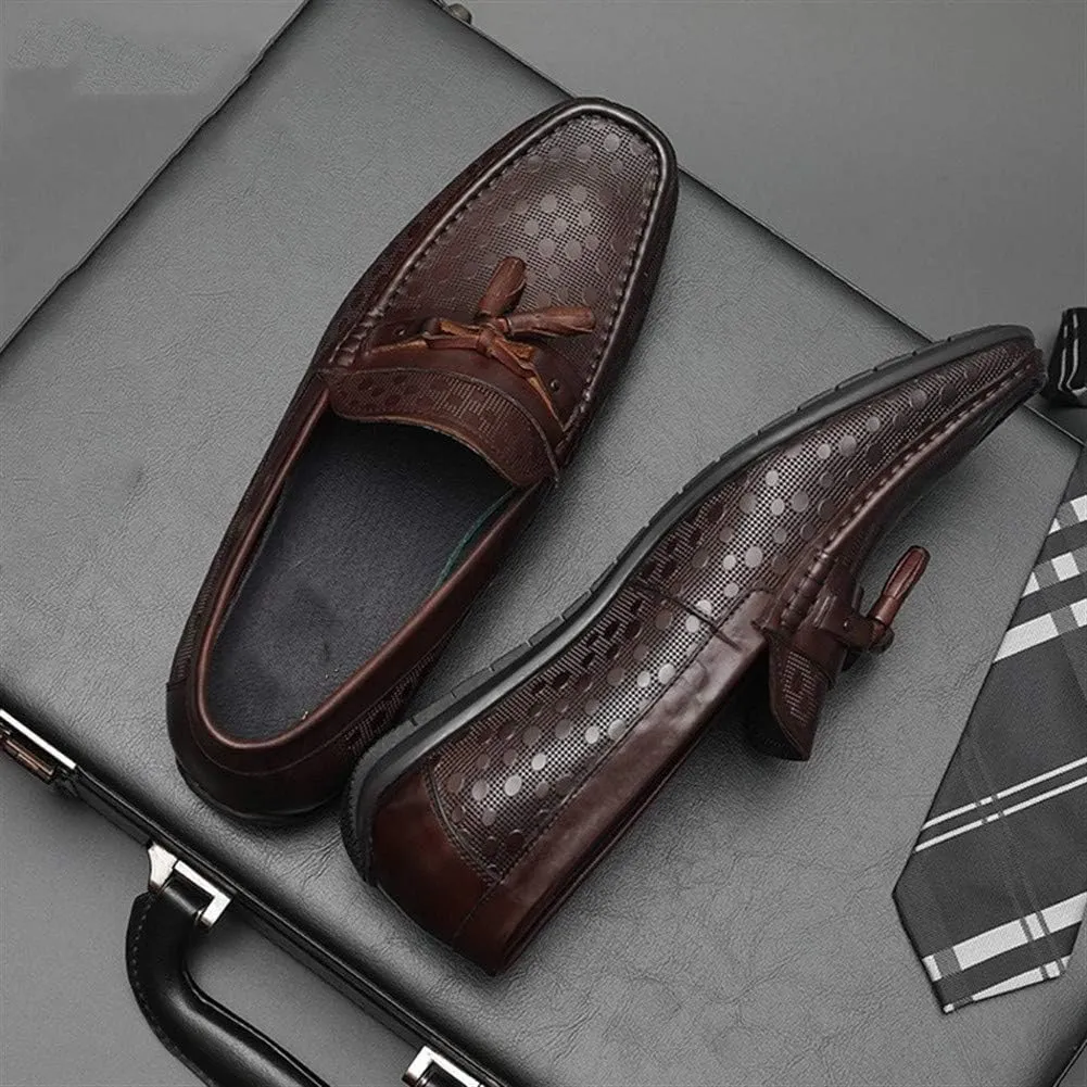 Driving Loafers for Men Boat Shoes Slip OnGenuine Leather Emboss Pattern Soft Flats Shallow Tassels Breathable Lined Lug Sole