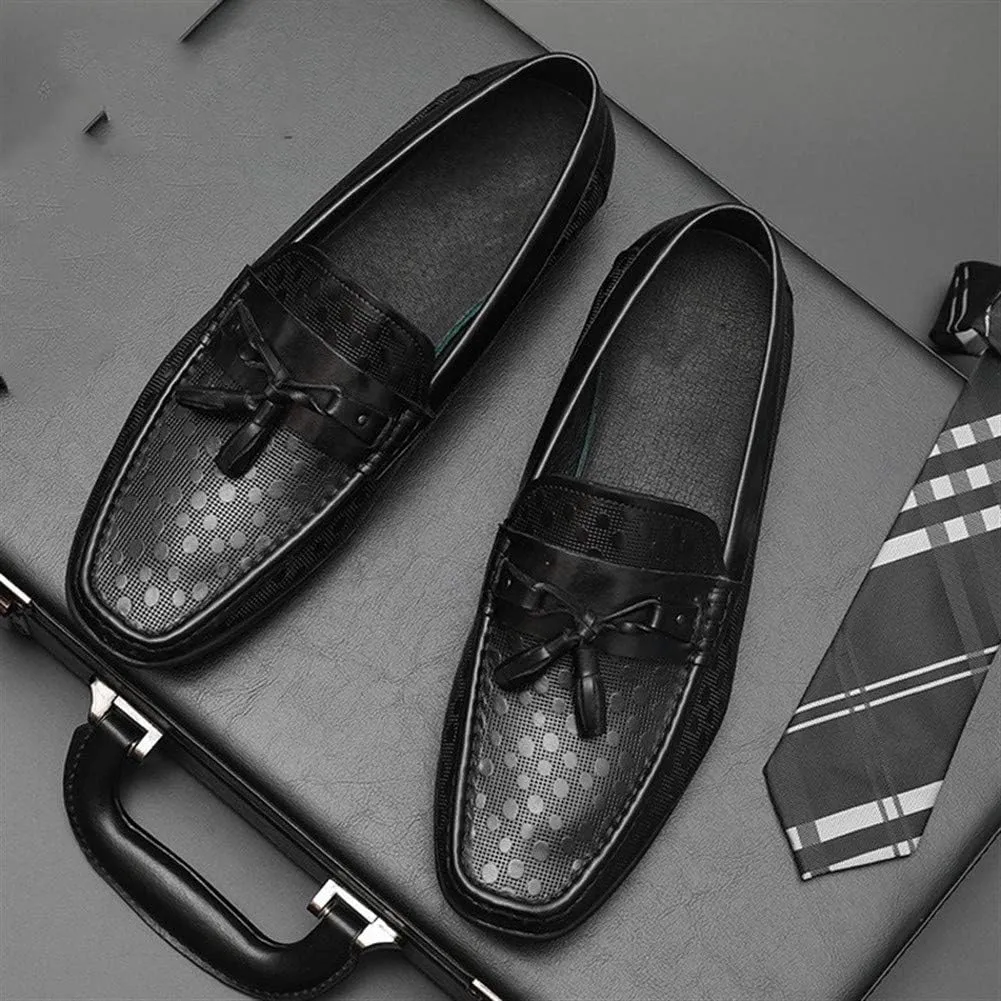 Driving Loafers for Men Boat Shoes Slip OnGenuine Leather Emboss Pattern Soft Flats Shallow Tassels Breathable Lined Lug Sole