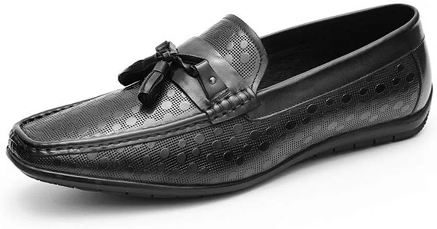 Driving Loafers for Men Boat Shoes Slip OnGenuine Leather Emboss Pattern Soft Flats Shallow Tassels Breathable Lined Lug Sole