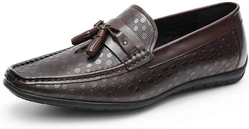Driving Loafers for Men Boat Shoes Slip OnGenuine Leather Emboss Pattern Soft Flats Shallow Tassels Breathable Lined Lug Sole