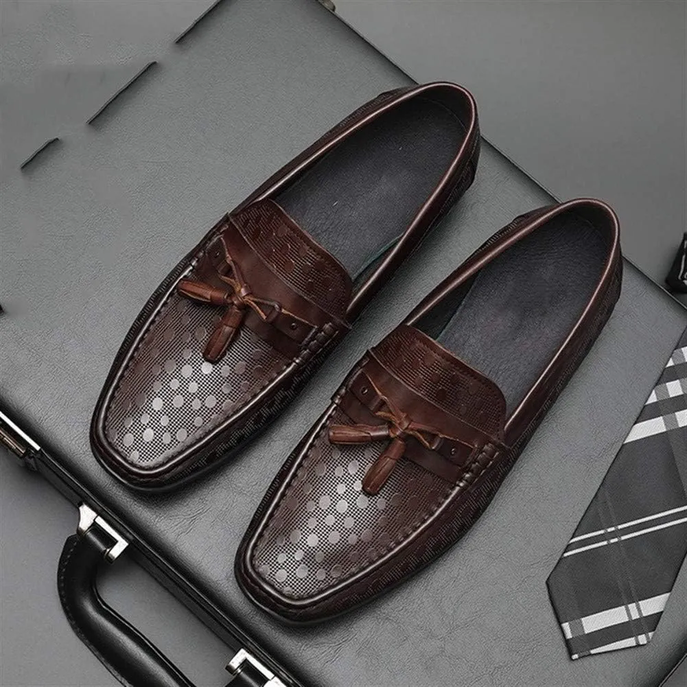 Driving Loafers for Men Boat Shoes Slip OnGenuine Leather Emboss Pattern Soft Flats Shallow Tassels Breathable Lined Lug Sole