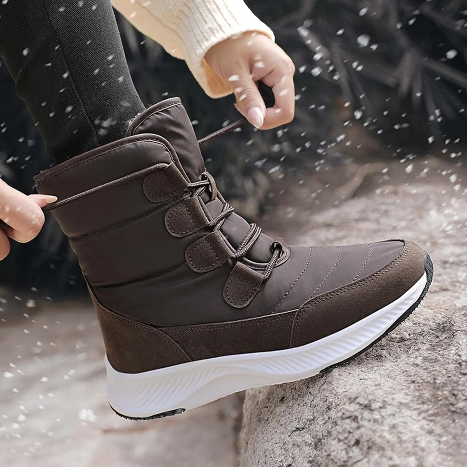Eliogn Women's Lightweight Snow boots Waterproof Lace-up Boots Winter Warm Fur Lined Boot High Top Walking Booties