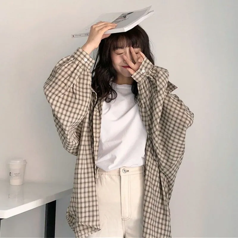 Joskaa Christmas Gift Blouses Shirts Women Plaid Lantern Sleeve Oversize Plus Size 3XL Thin Fashion Single Breasted Outwear Sun-protect Leisure Chic