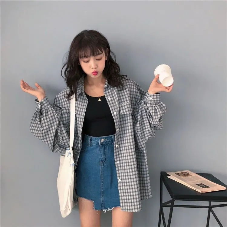 Joskaa Christmas Gift Blouses Shirts Women Plaid Lantern Sleeve Oversize Plus Size 3XL Thin Fashion Single Breasted Outwear Sun-protect Leisure Chic