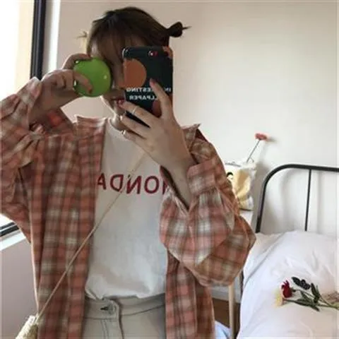 Joskaa Christmas Gift Blouses Shirts Women Plaid Lantern Sleeve Oversize Plus Size 3XL Thin Fashion Single Breasted Outwear Sun-protect Leisure Chic