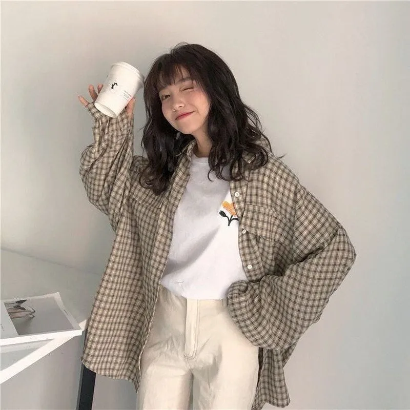 Joskaa Christmas Gift Blouses Shirts Women Plaid Lantern Sleeve Oversize Plus Size 3XL Thin Fashion Single Breasted Outwear Sun-protect Leisure Chic