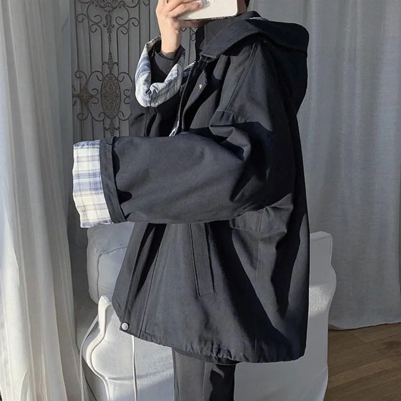 Joskaa Christmas Gift Jackets Women Retro Loose Zipper Hooded Spring College Harajuku Trendy All-match Cozy Minimalist Classic Leisure Unisex Outwear