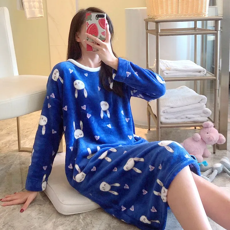 Joskaa Christmas Gift Nightgowns Women Plus Velvet Coral Fleece Warm Winter Soft Leisure Womens Korean Style Sweet Elegant Nightdress Sleepwear Trendy