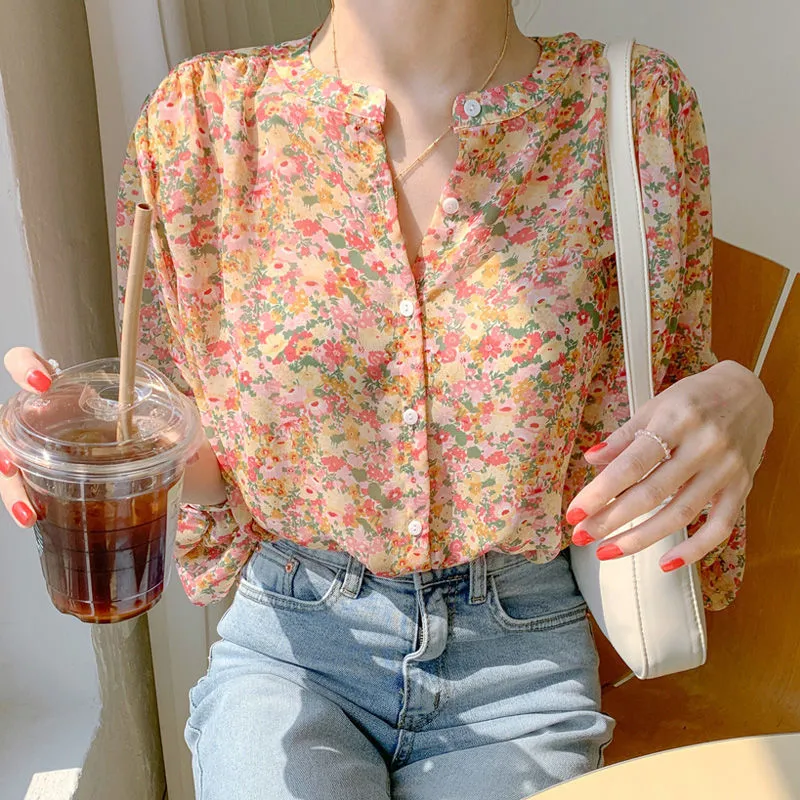 Joskaa Christmas Gift Shirts Women Floral Printed Leisure Loose Elegant Chiffon Tops Blouses Trendy All-match Temperament Korean Style Popular Retro