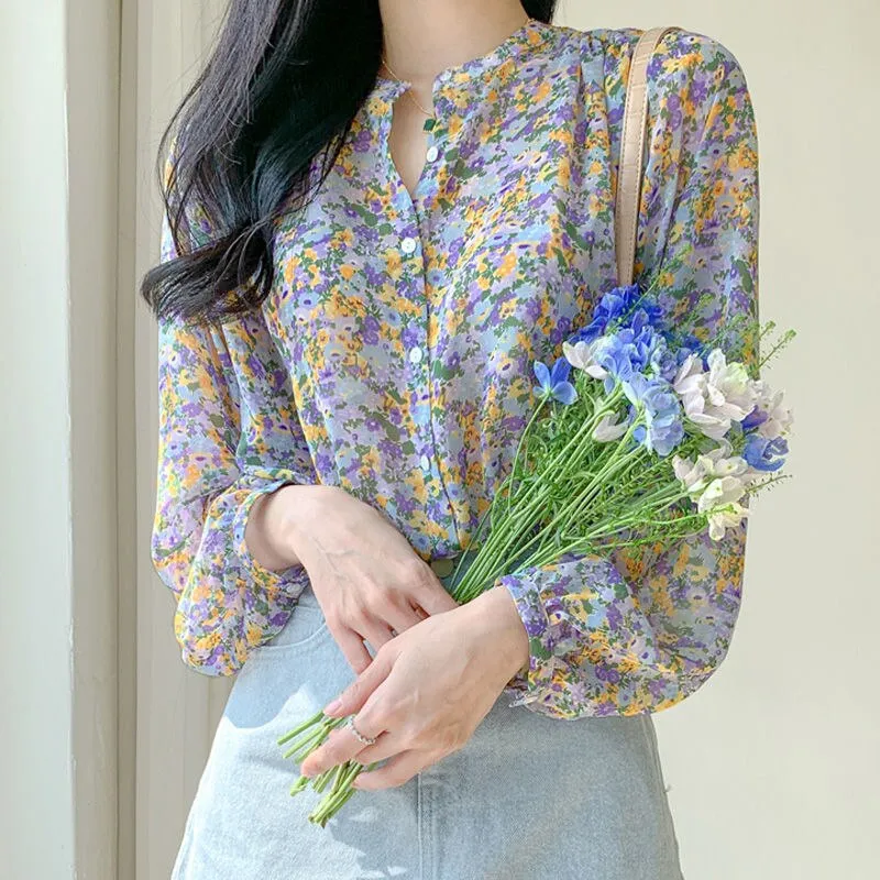 Joskaa Christmas Gift Shirts Women Floral Printed Leisure Loose Elegant Chiffon Tops Blouses Trendy All-match Temperament Korean Style Popular Retro