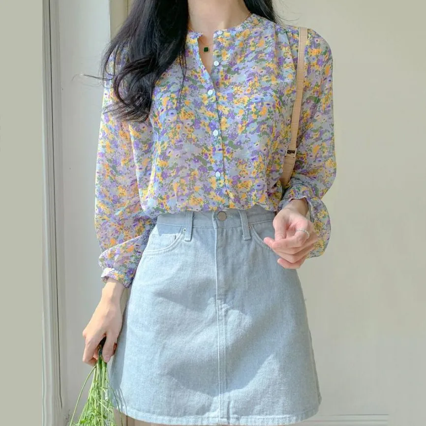 Joskaa Christmas Gift Shirts Women Floral Printed Leisure Loose Elegant Chiffon Tops Blouses Trendy All-match Temperament Korean Style Popular Retro