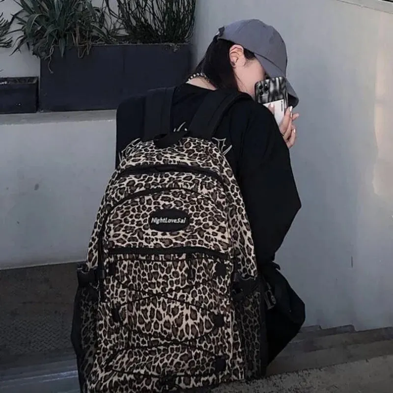 UAKISS  -  Trendy Casual Leopard Print Women's Backpack Korean Large Capacity Versatile Leisure Schoolbag Y2k Unisex Travel Backpack