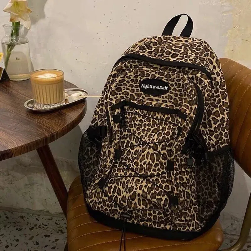 UAKISS  -  Trendy Casual Leopard Print Women's Backpack Korean Large Capacity Versatile Leisure Schoolbag Y2k Unisex Travel Backpack