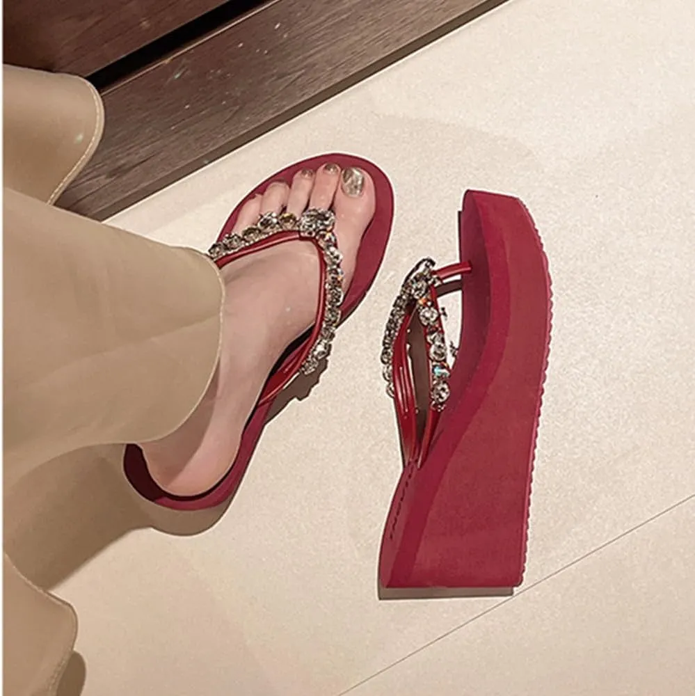 Women's Rhinestone Platform Flip Flops Boho Sparkly Wedge Thong Sandals Trendy Outdoor Slippers Summer Beach Slide Sandals