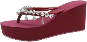 Women's Rhinestone Platform Flip Flops Boho Sparkly Wedge Thong Sandals Trendy Outdoor Slippers Summer Beach Slide Sandals
