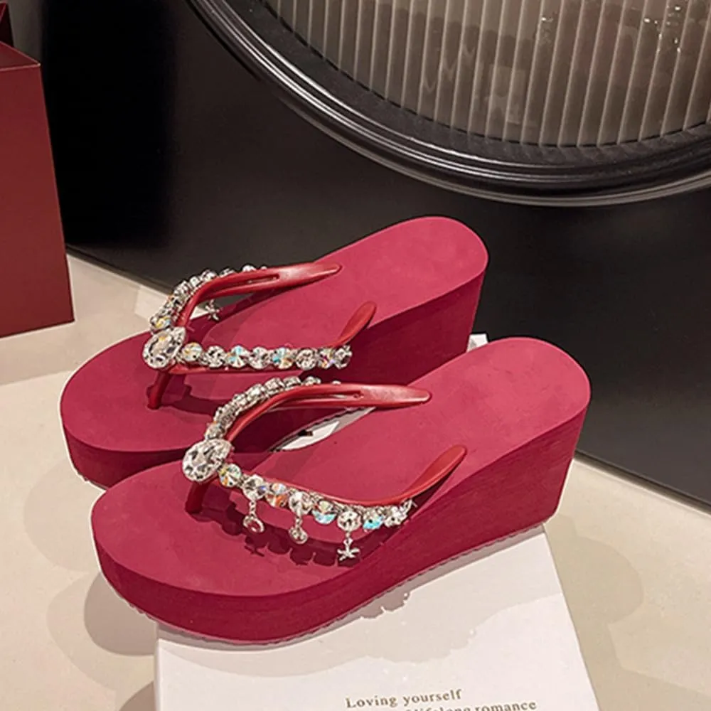 Women's Rhinestone Platform Flip Flops Boho Sparkly Wedge Thong Sandals Trendy Outdoor Slippers Summer Beach Slide Sandals