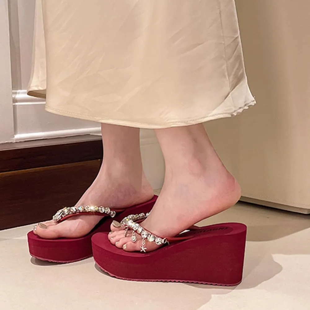 Women's Rhinestone Platform Flip Flops Boho Sparkly Wedge Thong Sandals Trendy Outdoor Slippers Summer Beach Slide Sandals