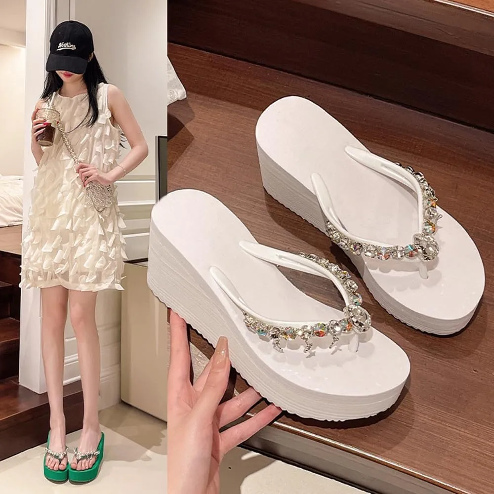 Women's Rhinestone Platform Flip Flops Boho Sparkly Wedge Thong Sandals Trendy Outdoor Slippers Summer Beach Slide Sandals