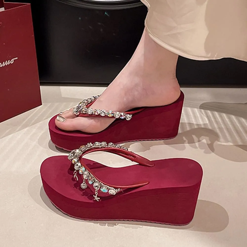 Women's Rhinestone Platform Flip Flops Boho Sparkly Wedge Thong Sandals Trendy Outdoor Slippers Summer Beach Slide Sandals