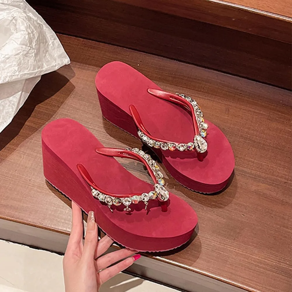 Women's Rhinestone Platform Flip Flops Boho Sparkly Wedge Thong Sandals Trendy Outdoor Slippers Summer Beach Slide Sandals